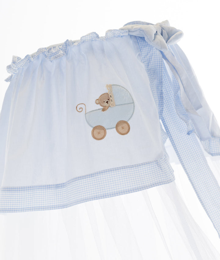 White and blue cot canopy and stand set