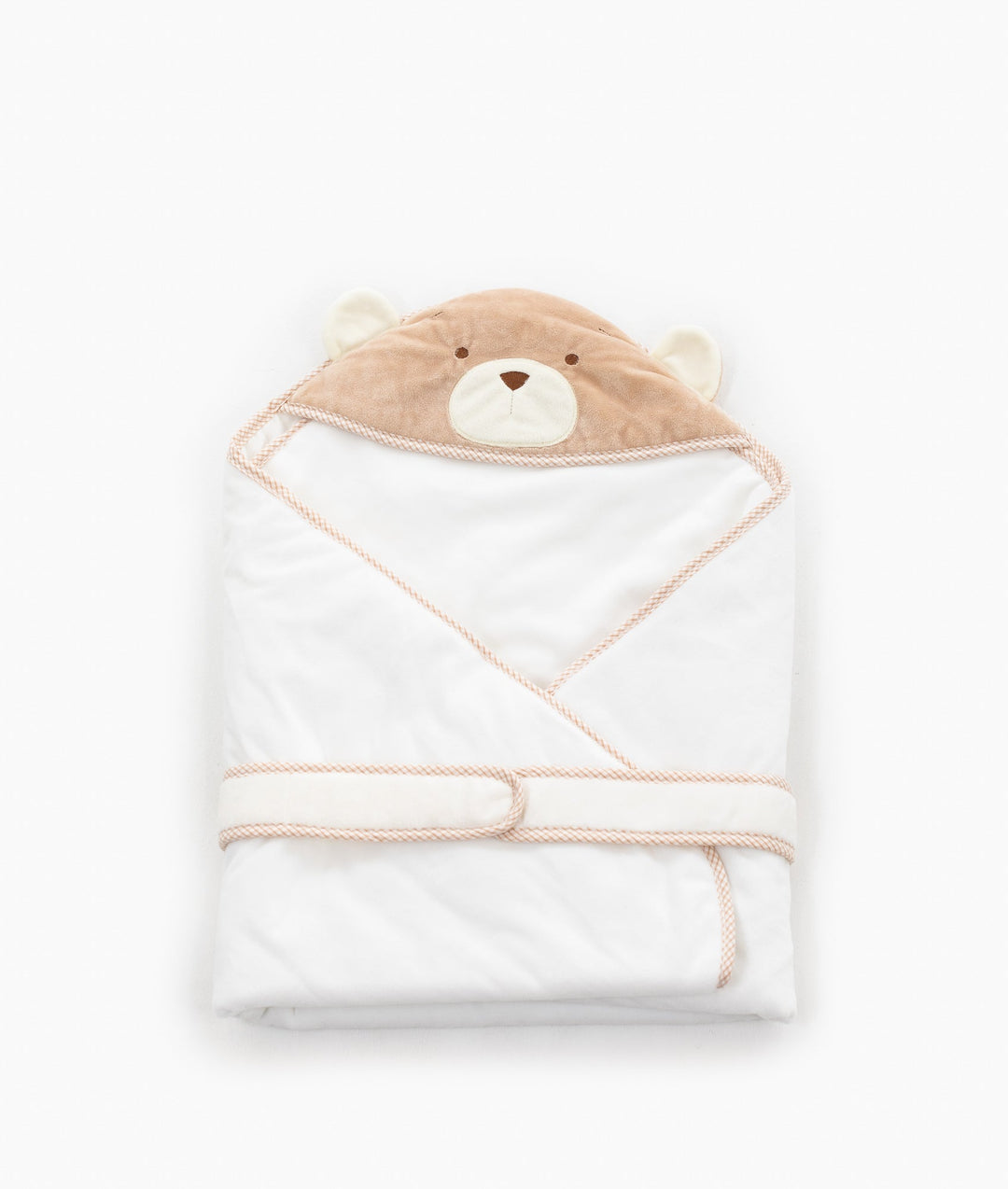 Soft hooded baby wrap in white and beige
