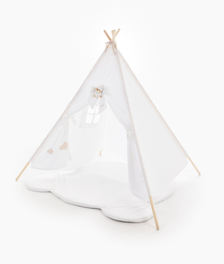White and beige kids teepee tent for nursery and playroom
